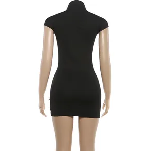 Back view of a sexy black mock neck short sleeve bodycon mini dress for stylish women