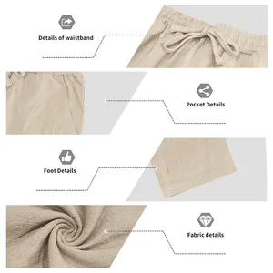 Close-up details of men's loose linen pants waistband, pocket, and breathable fabric texture.