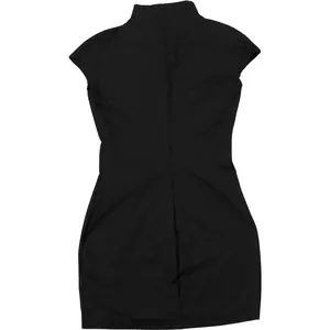 Rear view showing the slim fit and high neck of this black cap sleeve bodycon dress