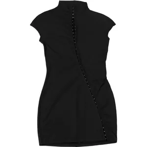 Detail of black mock neck bodycon dress featuring diagonal hook-and-eye closure.