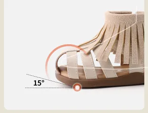 Close-up showing the 15-degree ergonomic toe spring design on kids' fringed beige sandals