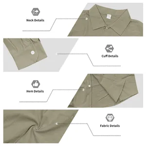 Details of men's olive linen shirt showing collar, buttoned cuffs, hem, and fabric texture