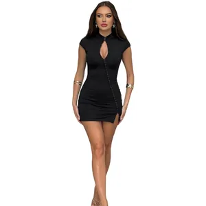 Elegant sexy black bodycon mini dress featuring a high collar and keyhole cutout detail