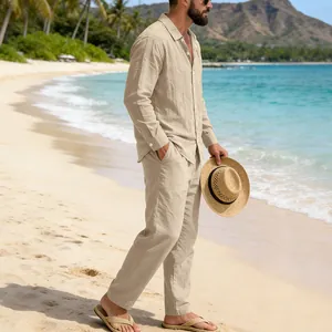 Men's loose linen beach set featuring long sleeve shirt and straight pants in beige tone.