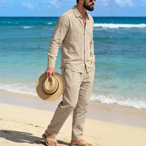 Men's beige linen-like two-piece set with long sleeve shirt and casual beach pants