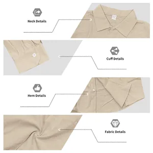 Detail views of neck, cuffs, and linen fabric texture for men's casual shirt