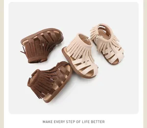 Group shot of stylish girls' fringe sandals in brown and beige tones.