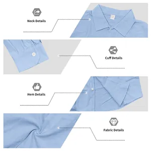Detailed views of light blue linen shirt featuring collar, cuff, hem, and fabric