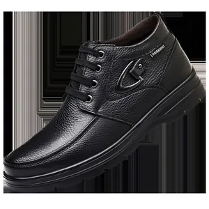 Detailed view of men's black genuine leather high-top casual snow boots