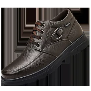 Close-up view of brown genuine leather high-top casual men's shoe with buckle detail