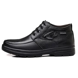 Side profile of black leather men's high-top casual snow boot with lace-up design.