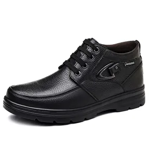 Detailed side view of premium black men's high-top leather casual boots with lace-up design