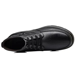 Overhead view of men's black high-top leather casual shoes with lace-up detail.