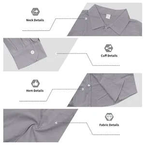 Detailed view of grey linen shirt showing neck, cuff, hem, and fabric texture details.