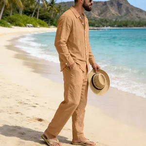 Men's casual linen two-piece set for beach vacations in a stylish sandy khaki color.