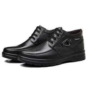 Detailed side view of black genuine leather men's casual high-top shoes with laces