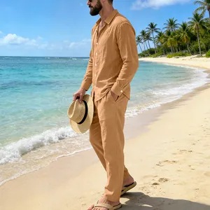 Full view of men's linen beach set showing the relaxed fit and natural texture on sand