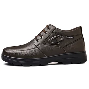Side view detail of textured brown leather men's high-top casual boot with thick black sole