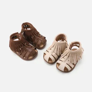 Toddler girls' non-slip Roman fringe sandals with soft soles in brown and beige