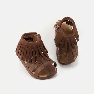 Toddler Girls Roman Sandals Summer Tassel Flower Soft Sole Non-slip Kids Outdoor Shoes Beige Brown Size 16-26