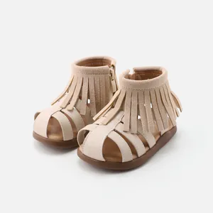 Stylish beige fringed Roman sandals for toddler girls with soft anti-slip soles