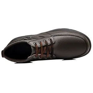 Detailed top view of men's dark brown genuine leather high-top casual boots with laces