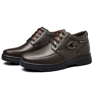 Men's dark brown leather casual snow boots with durable rubber sole and lace-up design