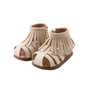 Stylish toddler girls' Roman sandals with bohemian tassel fringe and soft non-slip soles
