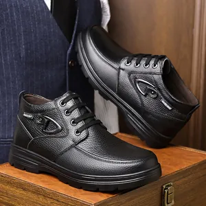 Close-up showcasing the premium black leather texture of these men's casual high-top boots.