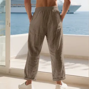 Pantalon décontracté en lin marron pour hommes, idéal pour les vacances et le complexe