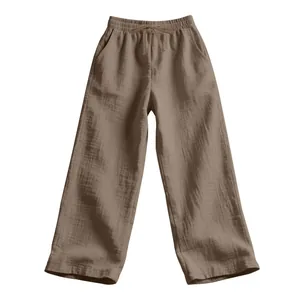 Vue détaillée d'un pantalon décontracté en lin pour hommes en marron café avec cordon de serrage