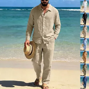 Men's Linen Top And Bottom Set Casual Long Sleeve Lapel Shirt And Straight Leg Pants Beach Vacation Outfit Comfortable Suit