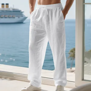 Pantalon décontracté en lin blanc pour homme avec cordon pour les vacances à la plage