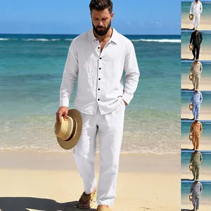 Conjunto Casual de Lino para Hombre con Camisa de Manga Larga y Pantalones Rectos Estilo Resort Top And Bottom para Primavera Otoño