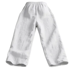 Vue détaillée d'un pantalon large en lin blanc pour homme avec une taille élastique