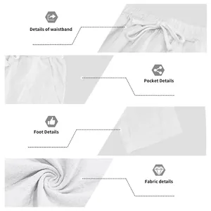 Primer plano de pantalones de lino blanco con cintura de cordón, bolsillos y detalles de tela.