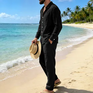 Conjunto casual de lino negro para hombre con camisa de manga larga y pantalón de playa