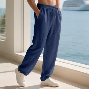 Pantalon décontracté en lin bleu marine pour homme, idéal pour les vacances