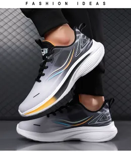 Detailed side view of men's breathable mesh running shoes in grey and white gradient