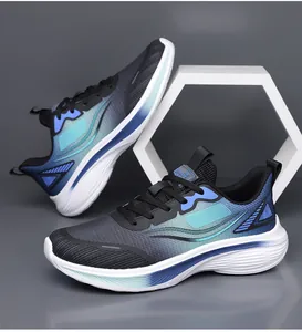 Men's breathable mesh running shoes with stylish blue gradient and chunky white soles