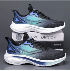 Detailed macro view of stylish men's breathable mesh running shoes with blue gradient soles