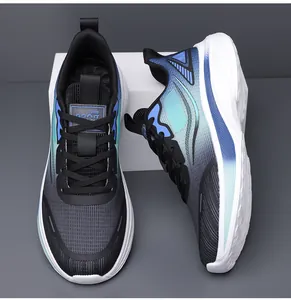 Close-up detail showing the blue gradient mesh upper and soft white sole of men's running shoes