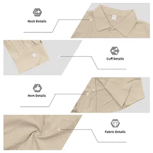 Vista detallada de camisa beige para hombre: cuello, puño, dobladillo y tejido de tela