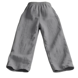 Vue détaillée d'un pantalon en lin gris ample avec une taille élastique confortable