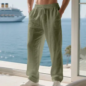 Pantalon en lin pour homme vert sauge coupe décontractée avec cordon de serrage et texture