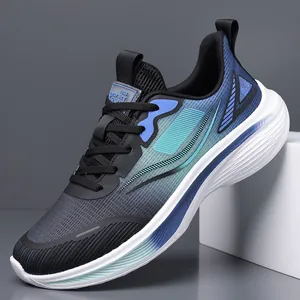 Breathable men's sports running shoes with blue gradient mesh and soft white sole