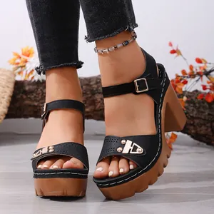 Lässige schwarze Plateausandalen mit Blockabsatz für den Sommer und Metallschnallendetails.