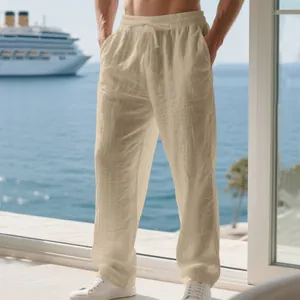 Pantalon décontracté en lin pour hommes avec taille élastique à cordon de serrage