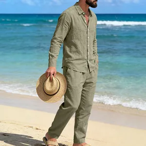 Conjunto de camisa y pantalón de lino verde oliva para hombre, estilo de playa