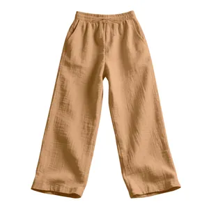 Vue détaillée d'un pantalon large en lin marron avec cordon de serrage pour homme